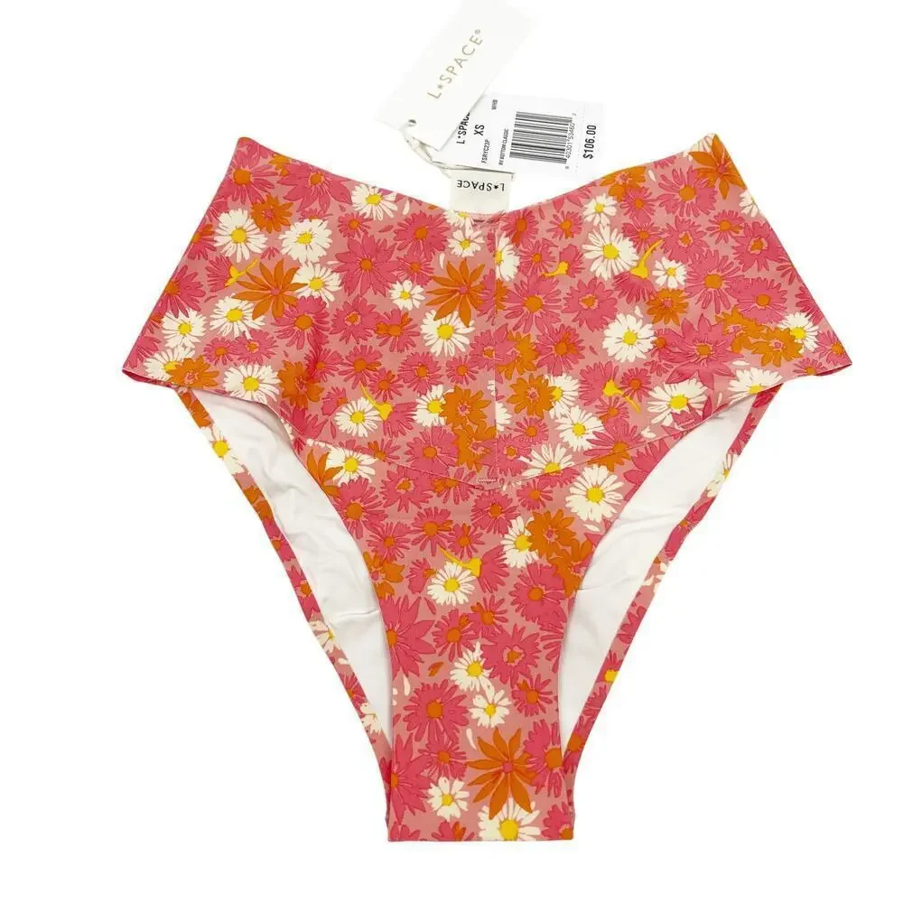 L*Space Fused Ry Bikini Bottoms Size XS Daisy Printed High Waist Pink Orange NEW
